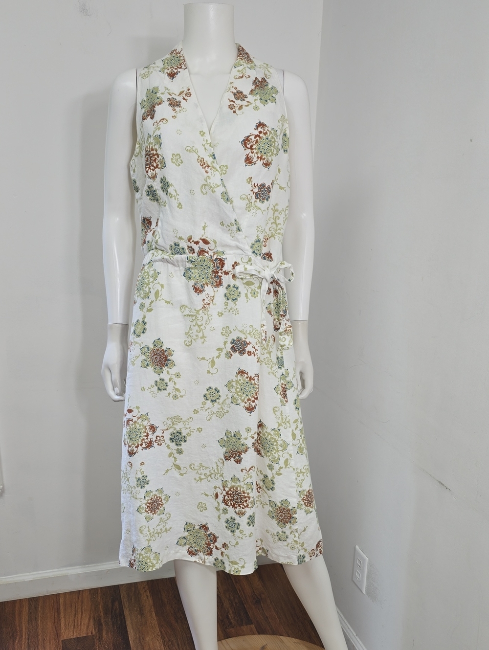 Habitat Clothes to Wear Sleeveless Dress Size L 100% Linen Floral Crossover Belt